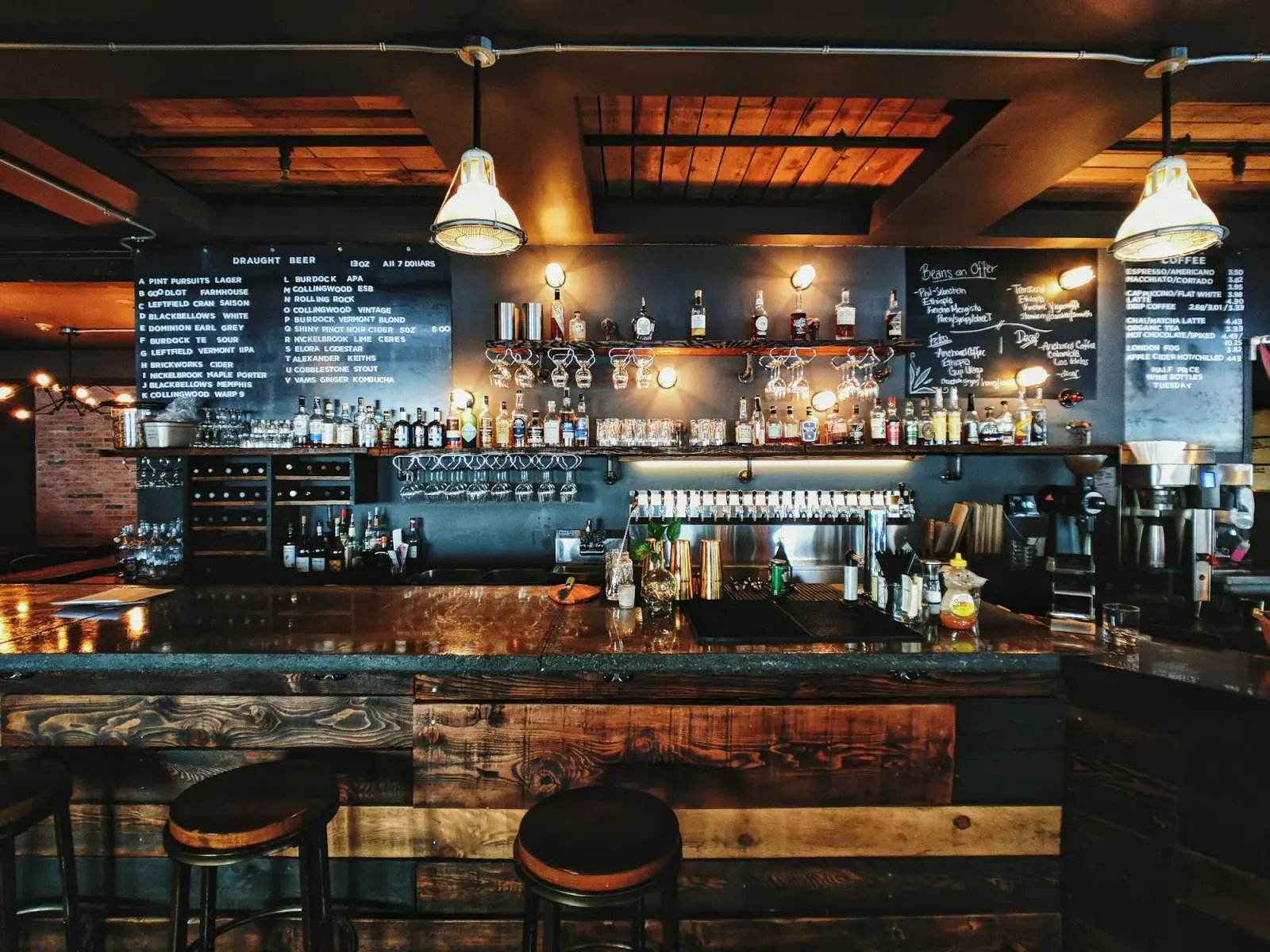 A bar glowing with warm evening light